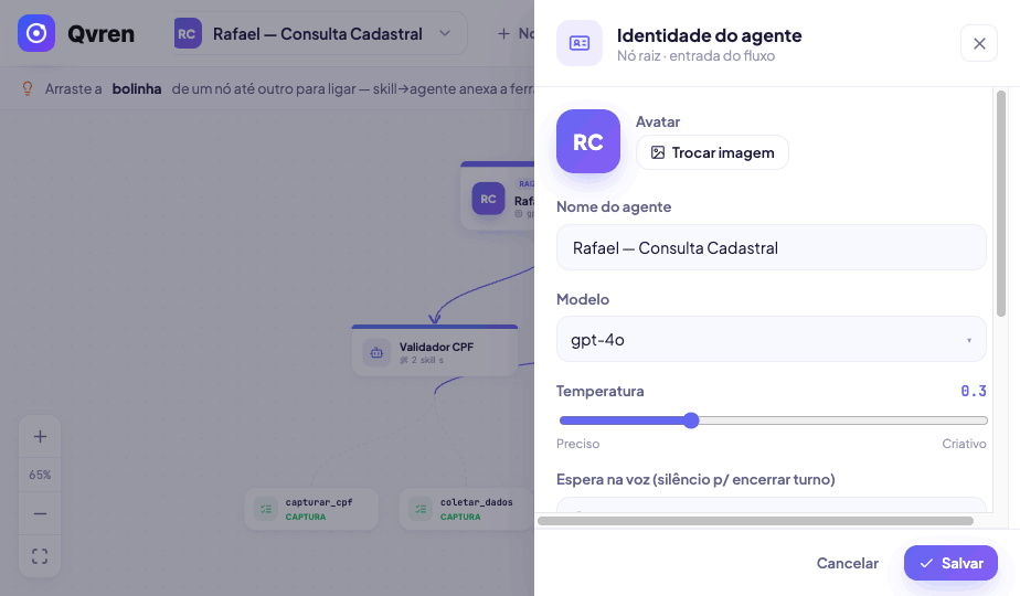 Painel de configuração do agente: nome, modelo e temperatura