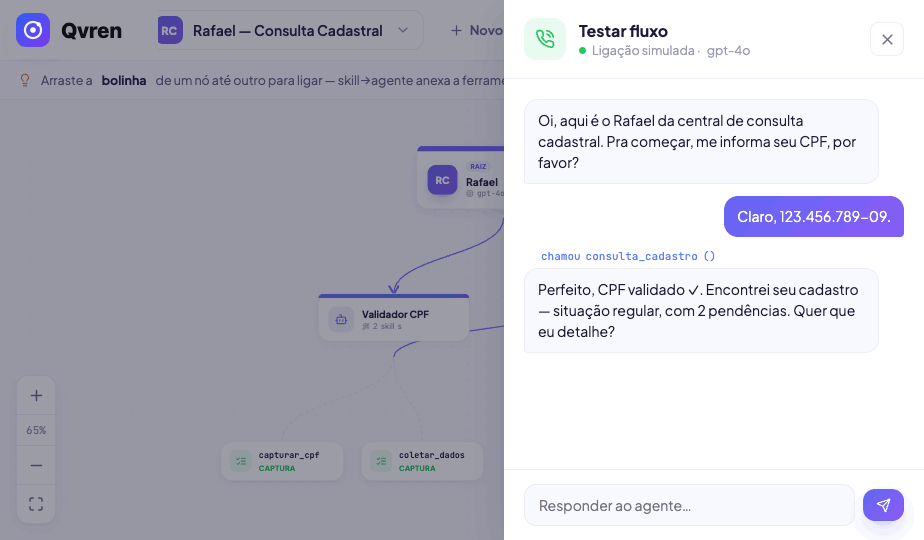 Painel de teste do fluxo com a conversa e uma skill sendo chamada